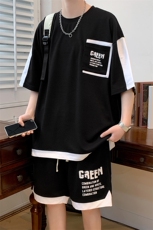 夏季学生华夫格拼接短裤T恤男女冰感潮牌短袖套装6618-P70控价98，男装T恤，电商A441-1