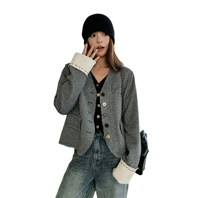 独特超好看银灰色短款小香风外套女春2025新款韩系高级感无领夹克,女装短外套,浙宝212A