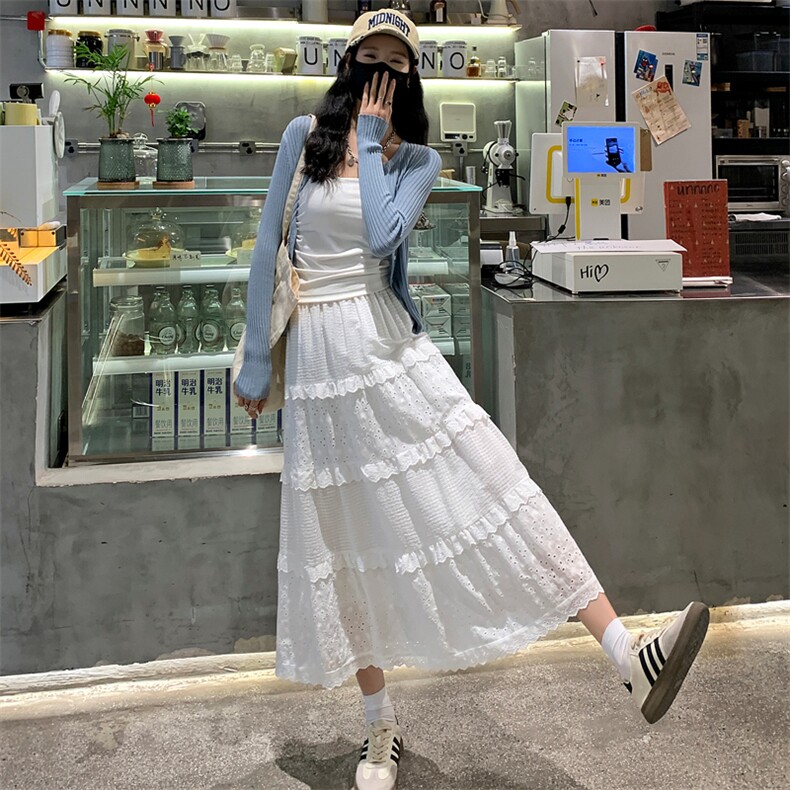 白色半身裙女高腰a字裙蛋糕裙温柔风长裙设计感钩花裙子,女装半身裙,梦白服饰厂