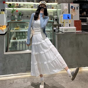白色半身裙女高腰a字裙蛋糕裙温柔风长裙设计感钩花裙子图片