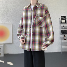 衬衫男春季新款港风宽松大码磨毛格子长袖衬衣CS131-特P28，男装衬衫，星座214-3