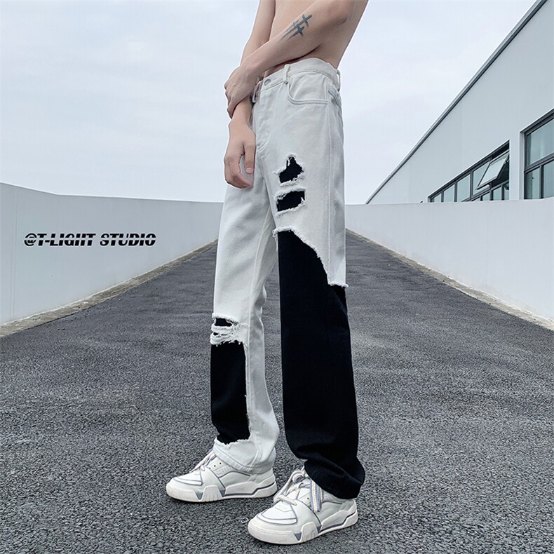 B221美式ins高街暗黑小众情侣个性破洞牛仔裤LK23046-P70控98,男装牛仔裤,电商B221