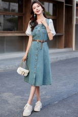 韩版拼接牛仔连衣裙女2024夏新款方领收腰设计小个子通勤长裙子，女装连衣裙，浙宝029