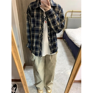 美式蓝色格子长袖衬衫男士衬衣内搭宽松休闲外套 C8208图片