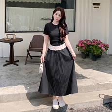 粉色设计感假两件连衣裙夏季女新款甜美修身显瘦小个子减龄长裙子，女装连衣裙，2C212