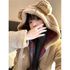 小熊耳朵羊羔毛绒女士短款秋冬季连帽厚外套MH927，女装短外套，星座1116A（原606A-3）