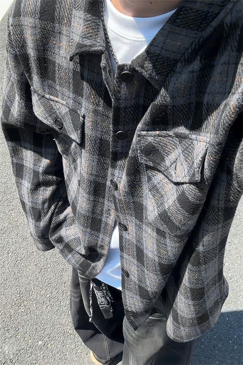抗寒舒适银狐绒潮流毛呢格子衬衫重磅480g男J5283J加绒-特P48控98,男装衬衫,电商A001