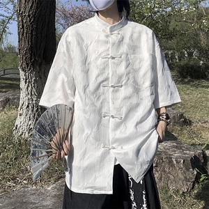 F258-P452024夏季新中式风盘扣衬衫男美式潮牌短袖衬衣现货