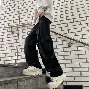 网红美式高街Vibe复古重工做旧牛仔裤男拼接设计直筒阔腿长裤P57图片