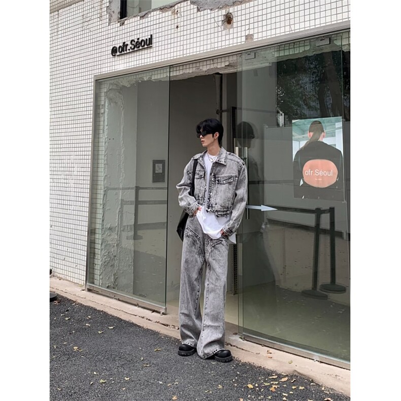 美式高街小众水洗破洞牛仔裤男vibe潮牌痞帅破坏设计感宽松阔腿裤,男装牛仔裤,星座506A