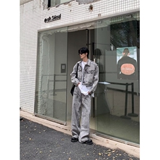 美式高街小众水洗破洞牛仔裤男vibe潮牌痞帅破坏设计感宽松阔腿裤，男装牛仔裤，星座506A