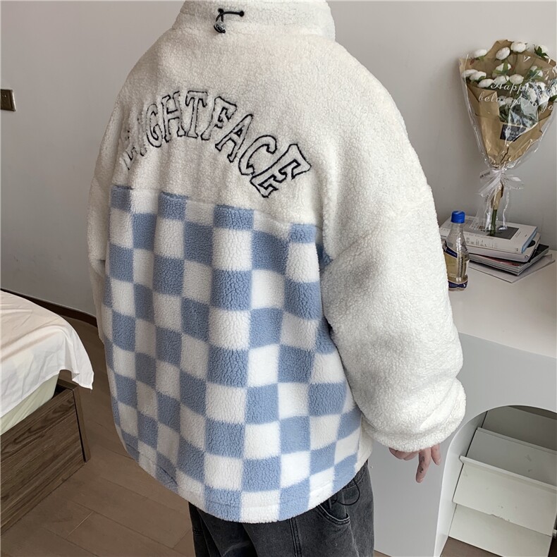 棋盘格基础羊羔毛衣港风情侣款衣202-8-Y007-P108-控138,男装棉衣,星座222-2（原202-8）
