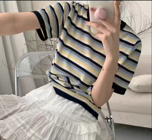 条纹撞色精纺羊毛宽松显瘦圆领短袖图片