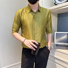 店主风社会小伙男士纯色七分袖衬衫男简约款上衣301A-1/CS560/P55，男装衬衫，星座301A-1