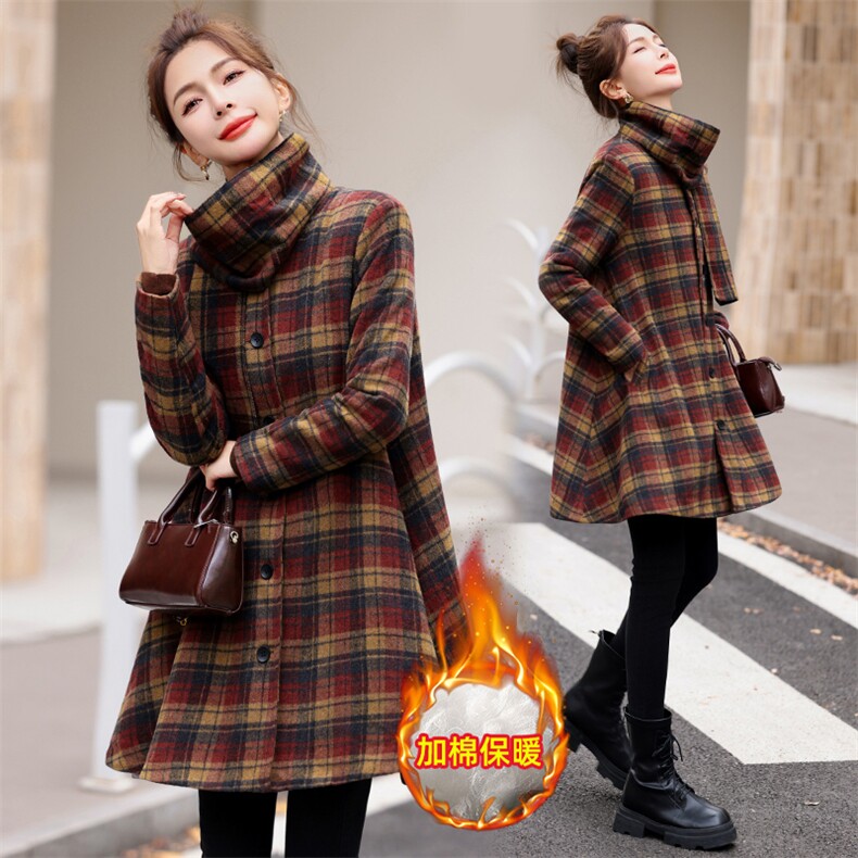 现货主推简约时尚减零斗篷款格子加棉保暖仿羊绒外套大衣送围巾，女装毛呢外套，韩美纤衣