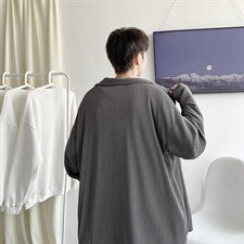 21秋装 港风情侣褶皱纯色宽松长袖衬衫韩版男女情侣外套 H208/P55图片