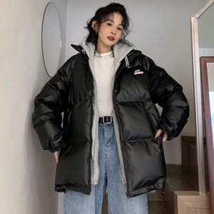 短款假两件羽绒服连帽加厚保暖情侣同款黑色面包防寒外套冬