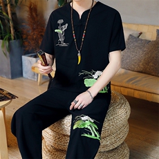 唐装夏季风套装男装复古民族宽松刺绣短袖汉服男潮TZ024，男装T恤，星座509