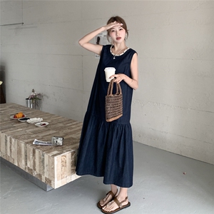 深蓝色复古慵懒风无袖连衣裙女2025夏季新款韩版松弛感显瘦A字裙图片