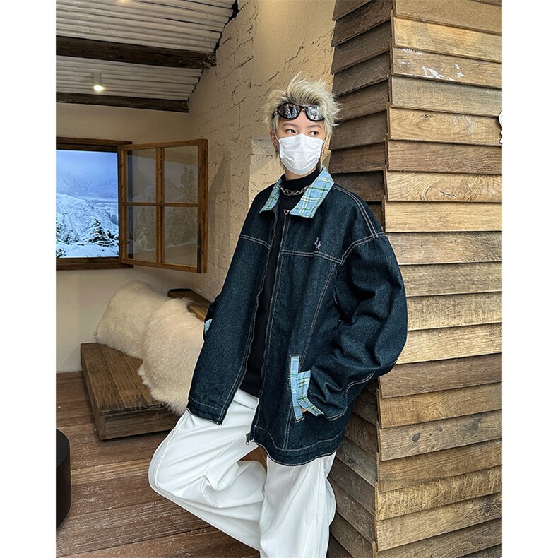 美式复古撞色拼接翻领格子布牛仔外套男女工装夹克JK08963-P72,男装夹克,星座308B-1