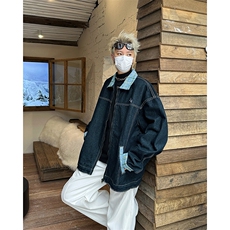 美式复古撞色拼接翻领格子布牛仔外套男女工装夹克JK08963-P72，男装夹克，星座308B-1