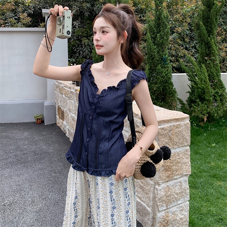 夏季新款少女感显瘦碎花阔腿裤两件套温柔系穿搭法式牛仔小衫套装,女装套装/套裙,浙宝305
