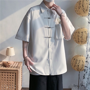 高级感风新中式翠竹刺绣金属飞机扣宽松慵懒衬衫男图片