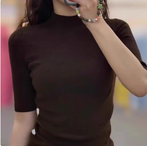 时尚显瘦百搭纯色简约半高领精纺短袖,女装T恤,挚尚羊绒