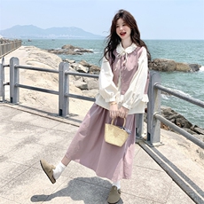 文艺风穿搭粉色马甲套装女春秋2025超火好看高级感半身长裙三件套，女装套装/套裙，2C056