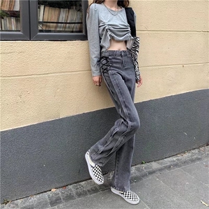 直筒牛仔裤女设计感小众高腰显瘦新款设计感绑带拖地阔腿裤