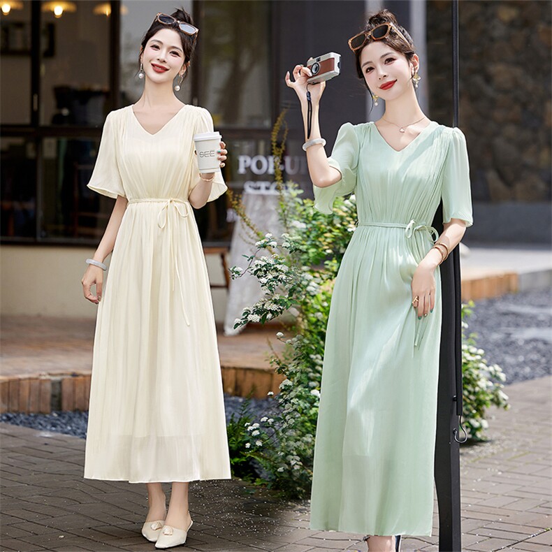 小清新绿色气质连衣裙女2024夏季新款收腰显瘦洋气减龄绝美长裙子，女装连衣裙，鑫鑫美