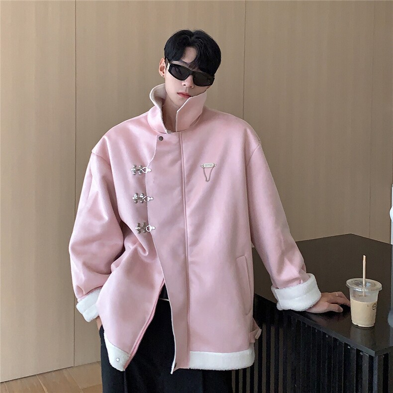 1港风翻领麂皮绒羊羔毛金属飞机扣设计棉衣男YG77108P135控178图片