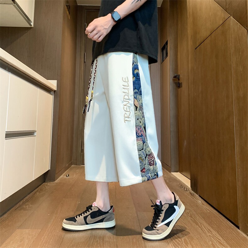 2025夏季港风七分裤男拼接印花新中式7分直筒阔腿中裤-2479-P26图片