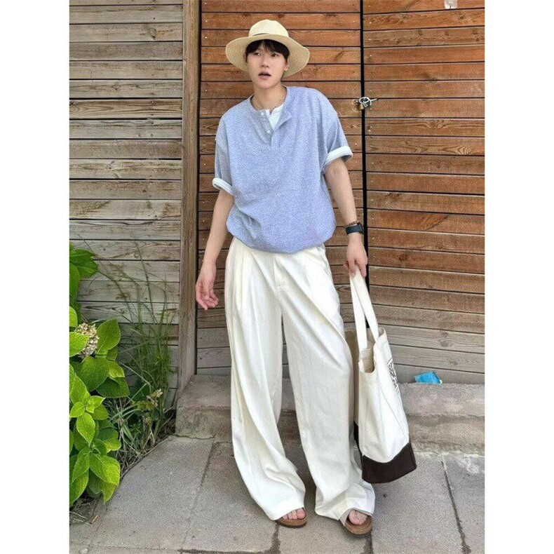 花灰色假两件针织t恤男夏季纯棉日系亨利领polo短袖cleanfit半袖,男装T恤,星座1506