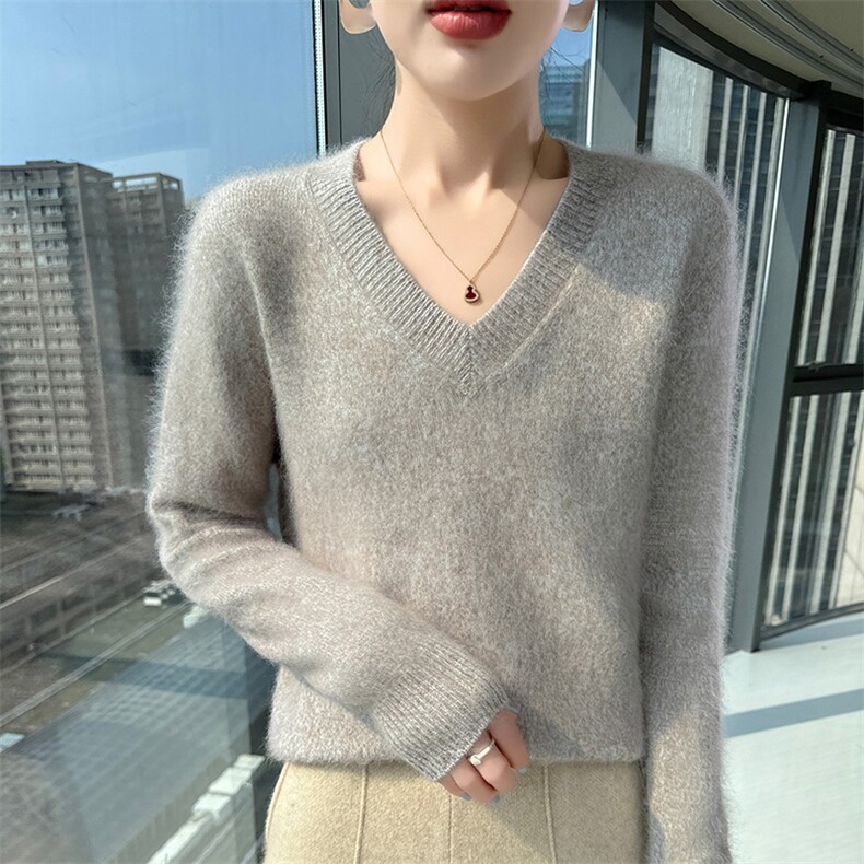 宽松加厚显瘦V领貂绒衫花纱女毛衣2025新款秋冬打底针织羊毛衫，女装针织衫/毛衣，冬贝尔貂绒