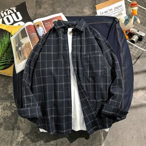 秋季新款宽松衬衫男士韩版潮流格子衬衣外套长袖DF04T图片