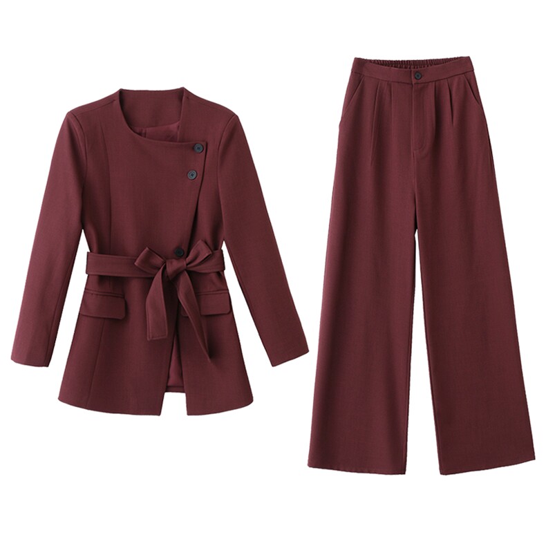 红职业套装女春秋新款时尚高端设计感方领西服阔腿裤两件套,女装套装/套裙,时尚俏佳人
