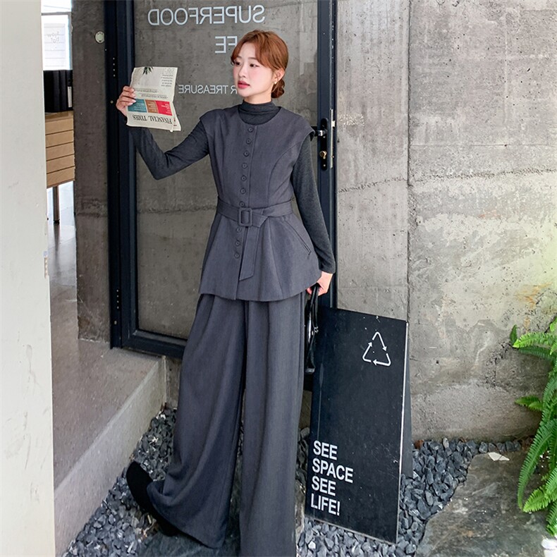 深灰色老钱风马甲阔腿裤套装2025新款女早秋气质高级感职业一整套,女装套装/套裙,1C150