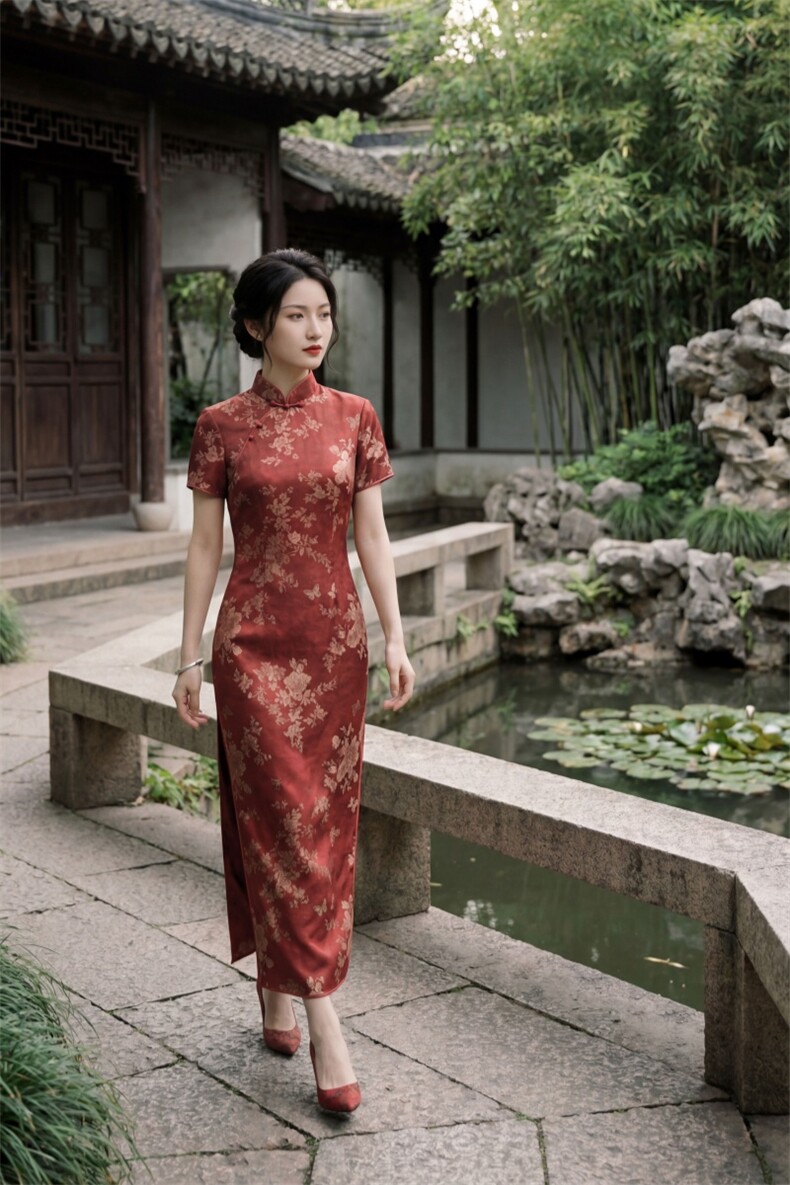 2026年夏季新品时尚气质金丝提花香云纱品质真丝喜庆中长款旗袍裙,女装连衣裙,媚琳依坊