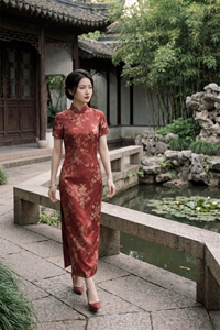 2026年夏季新品时尚气质金丝提花香云纱品质真丝喜庆中长款旗袍裙图片