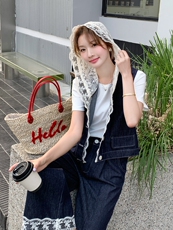 蕾丝连帽牛仔马甲阔腿裤三件套女夏薄款超火独特绝美韩里韩气套装，女装套装/套裙，慧尚依恋