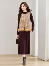 2026冬季新中式加棉雪尼尔绒质感提花纹理可拆卸毛条马甲两件套女，女装套装/套裙，央宝儿