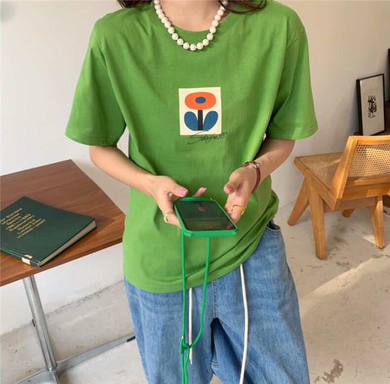 夏季印花植绒T恤，女装T恤，简蔻