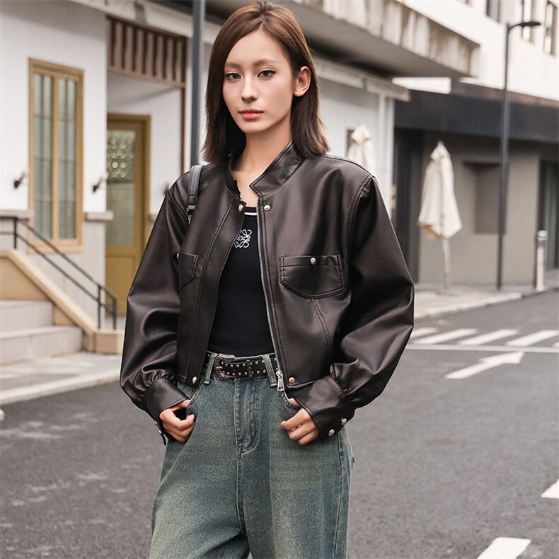 现货仿绵羊皮皮衣女短款时尚外套小立领机车款2024春秋新款潮显高,女装皮衣,江南女神