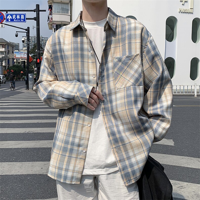 青少年港风文艺格子衬衫男长袖春秋季休闲复古衬衣外套W1599-P30,男装衬衫,星座512-4
