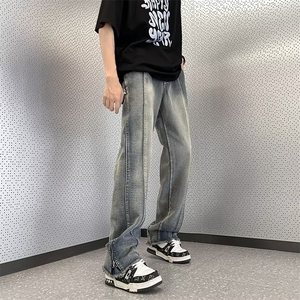 春款牛仔裤男欧美高街vibe裤子宽松直筒拉链开叉毛边微喇裤图片