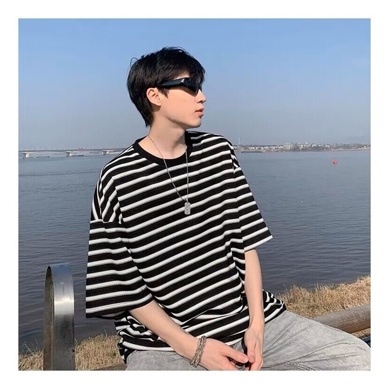 男生短袖t恤男夏季圆领宽松潮流高级感百搭冰丝透气条纹上衣痞帅,男装T恤,星座218-1（原230）