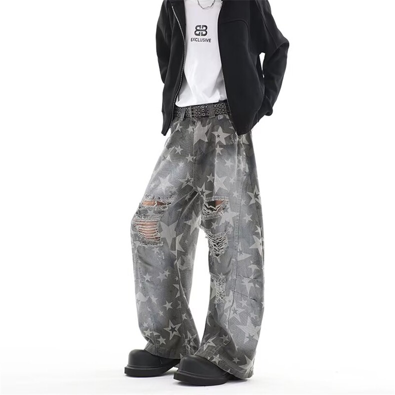 美式高街刀割破洞树叶迷彩工装裤牛仔裤男1001-1-QK55-P60,男装牛仔裤,星座1001-1