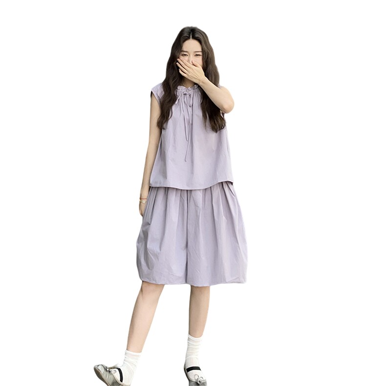 俏皮减龄紫色系带领无袖上衣套装女2025夏甜美短款花苞裙裤两件套,女装套装/套裙,2C206