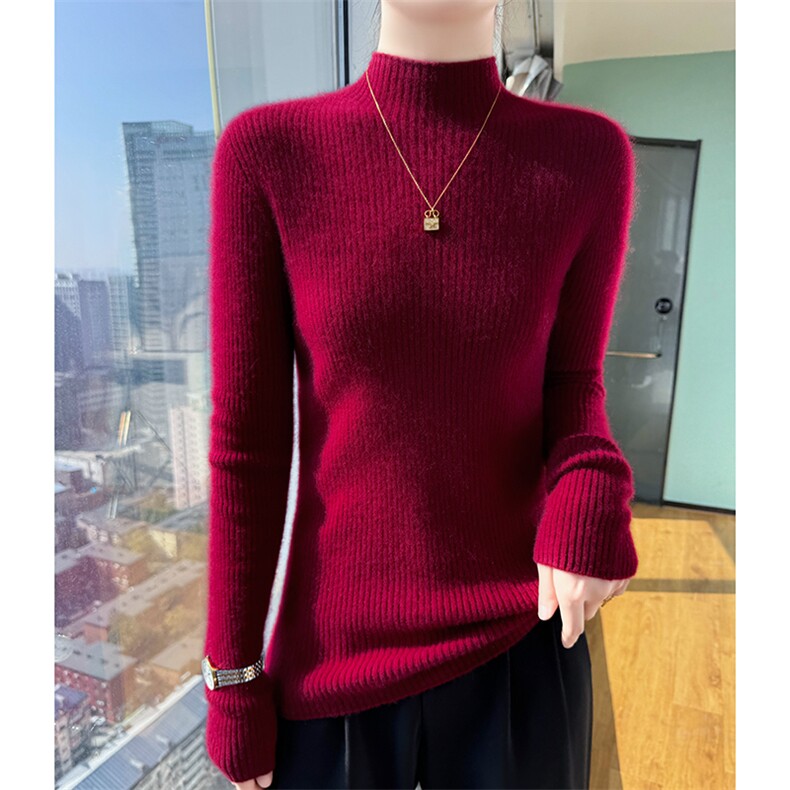 无缝一线抽条山羊绒衫软糯亲肤修身内搭女秋冬羊毛打底半高领毛衣,女装羊绒衫,牧群羊绒